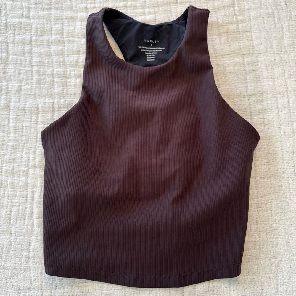 Varley Let's Move Ribbed Kempton Bra Tank Top Crop Fitted Size S Brown